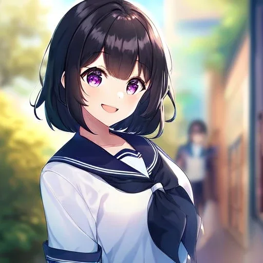 Clear focus,High resolution, Anime girl wearing a sailor uniform at school, laughing, blurry background, classmates in the background, Really Short black hair, Purple eyes