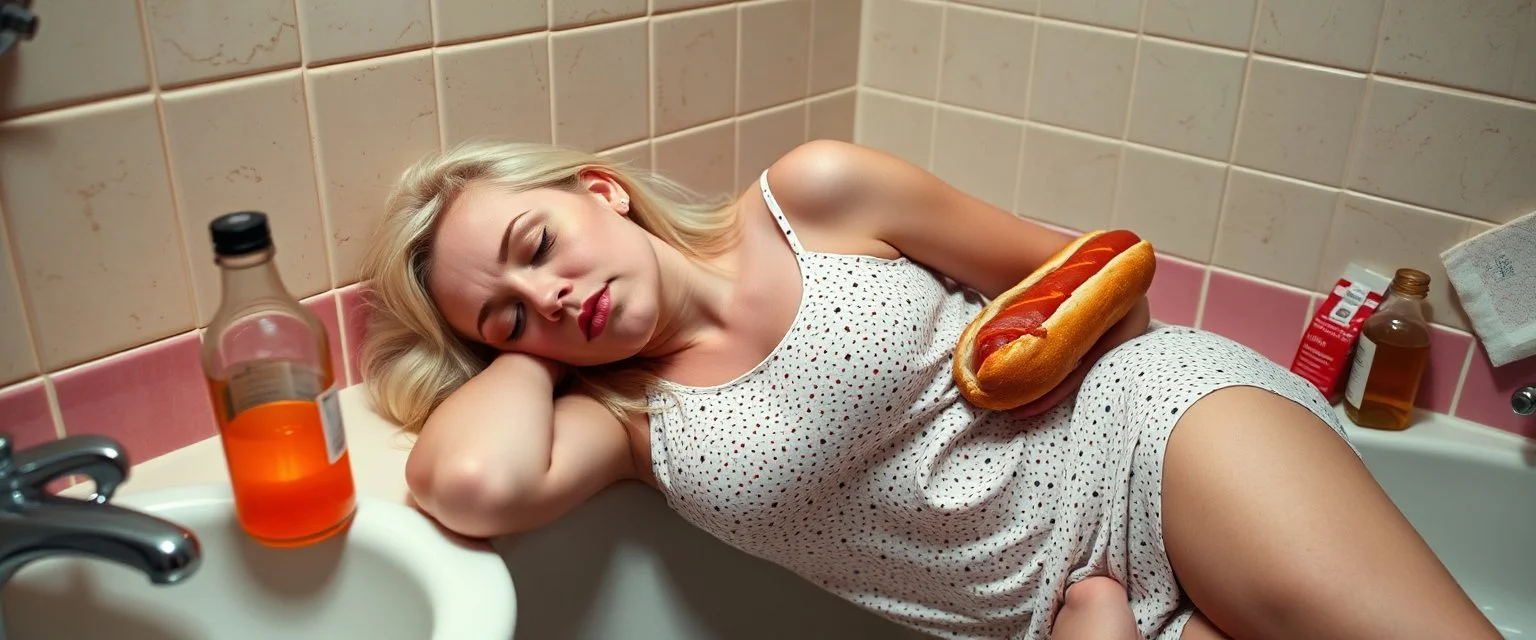 drunk albino woman with a hot dog in bread sleeping over in bathroom