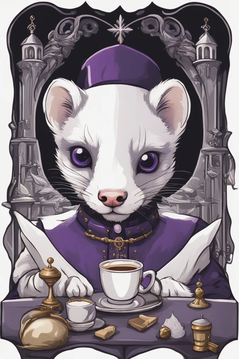 (anthropomorphic white ferret),dressed in ((cleric fantasy)) black and purple clothes with silver holy ornaments, realistic anatomy, fantasy tavern on background, mage and holy symbols around, serious face, hold cup of coffe, tired face, in the style of LOISH, glasses