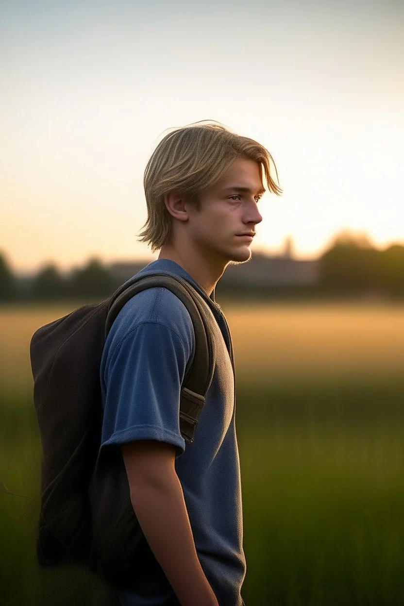 A close up photo of a handsome fifteen year old boy wearing a dusty backpack standing in a field with an abandoned city skyline in the background, sweaty blond hair, wearing a ripped tee shirt and stained shorts, sunset, tall grass, bright colours, vast landscape, cinematic photography, high resolution, high quality, highly detailed.