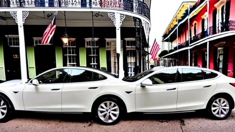 A Tesla's 'Model S Plaid' is parked, in the 'French Quarter' in New Orleans, Louisiana. CINEMATIC. WIDE ANGLE LENS.
