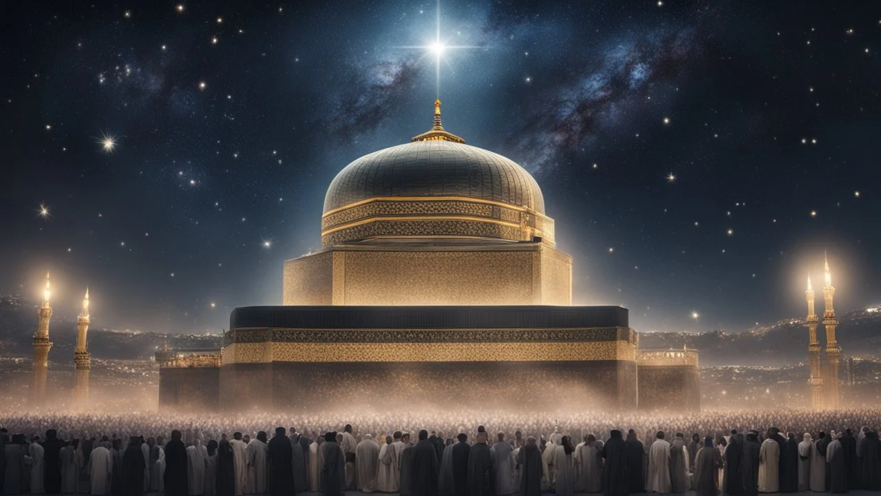 Hyper Realistic lots of people worshiping in-front-of-Kaaba at beautiful-night-with-stars-on-sky with dramatic-&-cinematic-ambiance