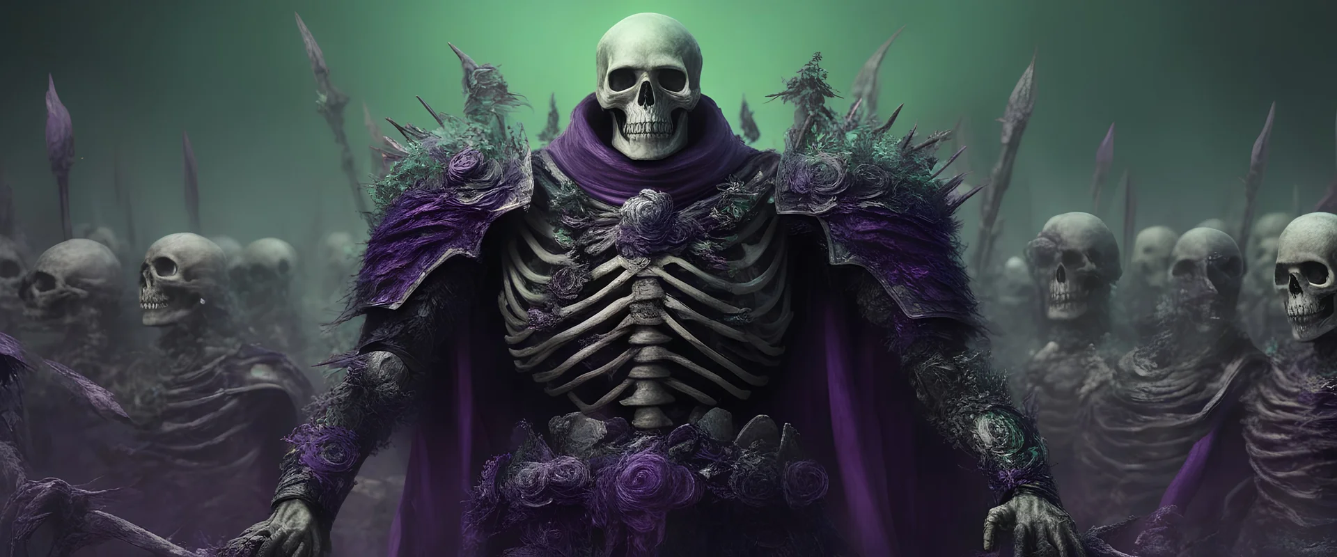 emperador esqueleto con armadura pesada con estetica oscura gobernando un ejercito infinito de esqueletos imagen realista con tonos verdes y morados