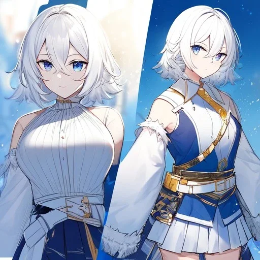 Clear focus, High resolution, rough line sketch art, short fluffy white hair, hair between eyes, fluffy hair, blue eyes, wearing a sleeveless shirt, wearing a a pleated skirt , detailed outfit, lots of details, bow on belt, white belt, white and blue everywhere on outfit, cut sleeve, yellow chains around outfit, concept art