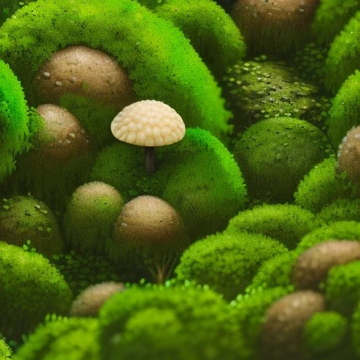 microphotography mushroom growing in a mossy dense lush green woods, high definition, detail, HD, 8k, realistic, 3d rendering, blender, photography, fisheye, bulge, tilt shift blur