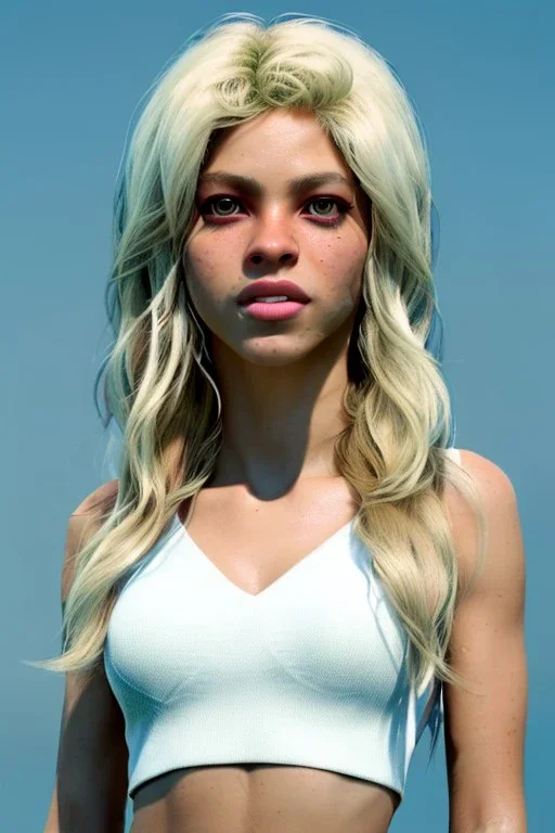 Shakira, artist, 30 years old, Realistic image, waist up portrait, Helmut Newton style. blonde, loose long hair, wind, eyes make up, perfect, glow, circle iris. concept art, smooth, unreal engine 5, god lights, ray tracing, RTX, lumen lighting, ultra detail, volumetric lighting, 3d, finely drawn, high definition, 4k.