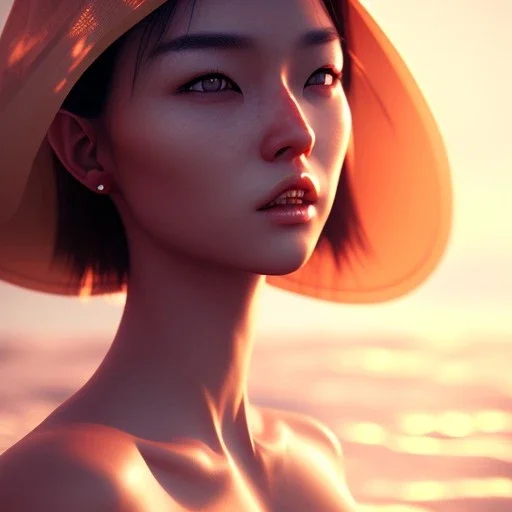 Asian women on the beach hot day atmospheric, realistic, unreal engine, lighting, octane render, perfect face, lips full, full body, pleasure