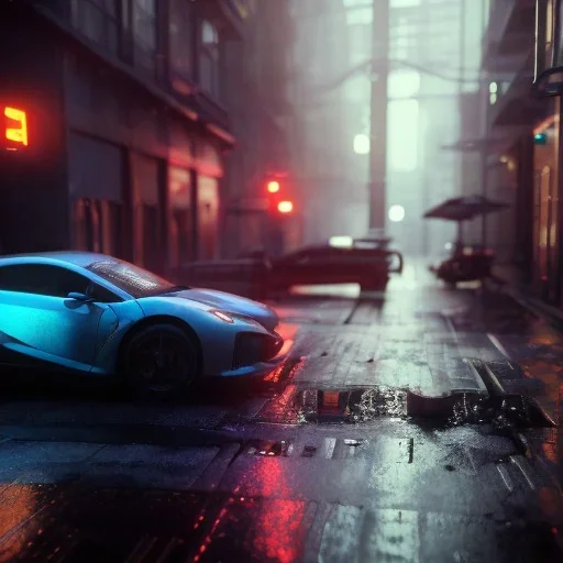 Cyberpunk, Car in night city on the rain unreal engine 5, octane render,cinema4d, dynamic lighting, 8k, redshift render, highly, hyperrealism ultra realistic, hyper realistic.