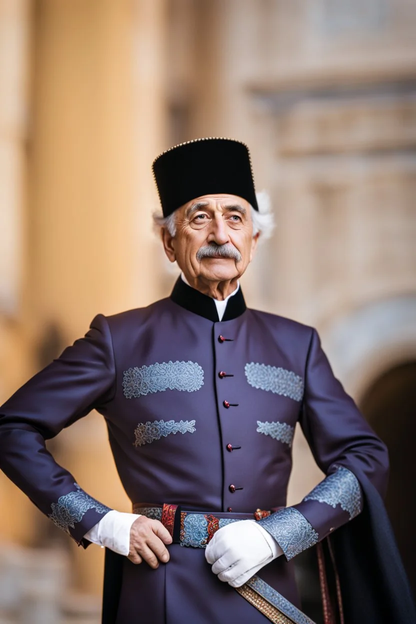 Einstein i n Azerbeyjan traditional costum color full ,upper body ,blury background ,closeup ,sharp focus