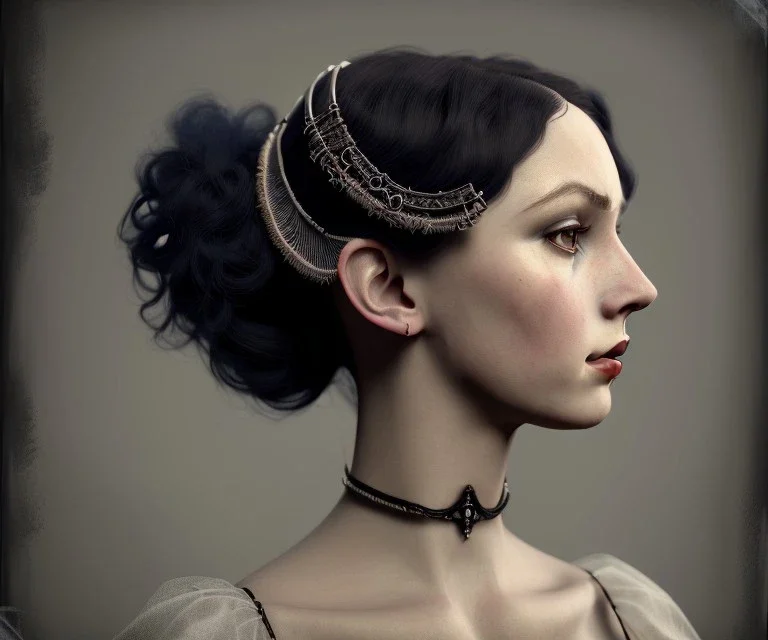 1800s, witchy, pale, victorian, portrait, choker, black curly hair, victorian dress, beautiful, silver tiara, hair headdress, beads