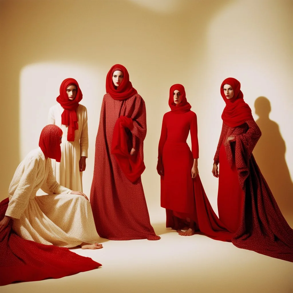 A fashion photography of a group wearing traditional Middle Eastern , no face in a white studio with a red scarf around the head and a long skirt, posing for Vogue magazine in the style of James Bidgood photographed in the style of Tim Walker. --ar 101:128 --v 6. 0