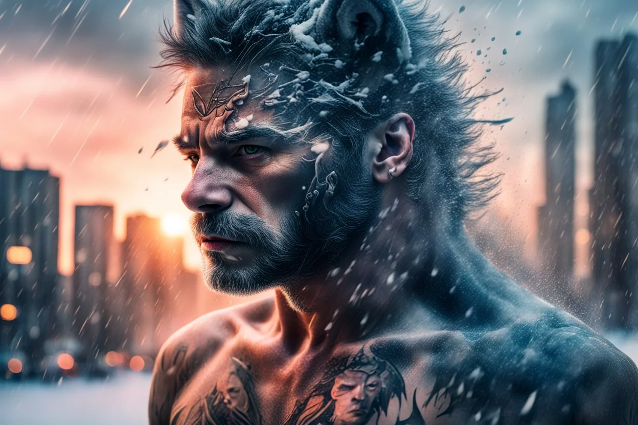 double exposure, Wolf Man, man, city, sunset, snow, rain, wind, fantasy, mystical, tattoo, vertical pupils, high detail, high resolution, 8K