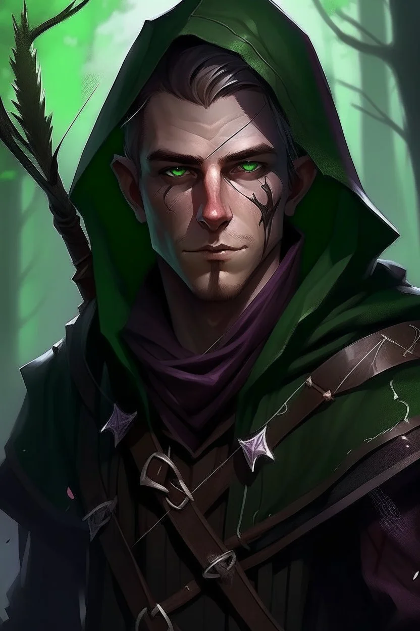 35 year old male dark rogue elf, thief assassin, messy Mauve hair, sparkling green eyes, glowing brown skin, black hood, black leather, messy, disheveled, trees, sneaky, bow and arrows, tall, skinny, friendly, stoner