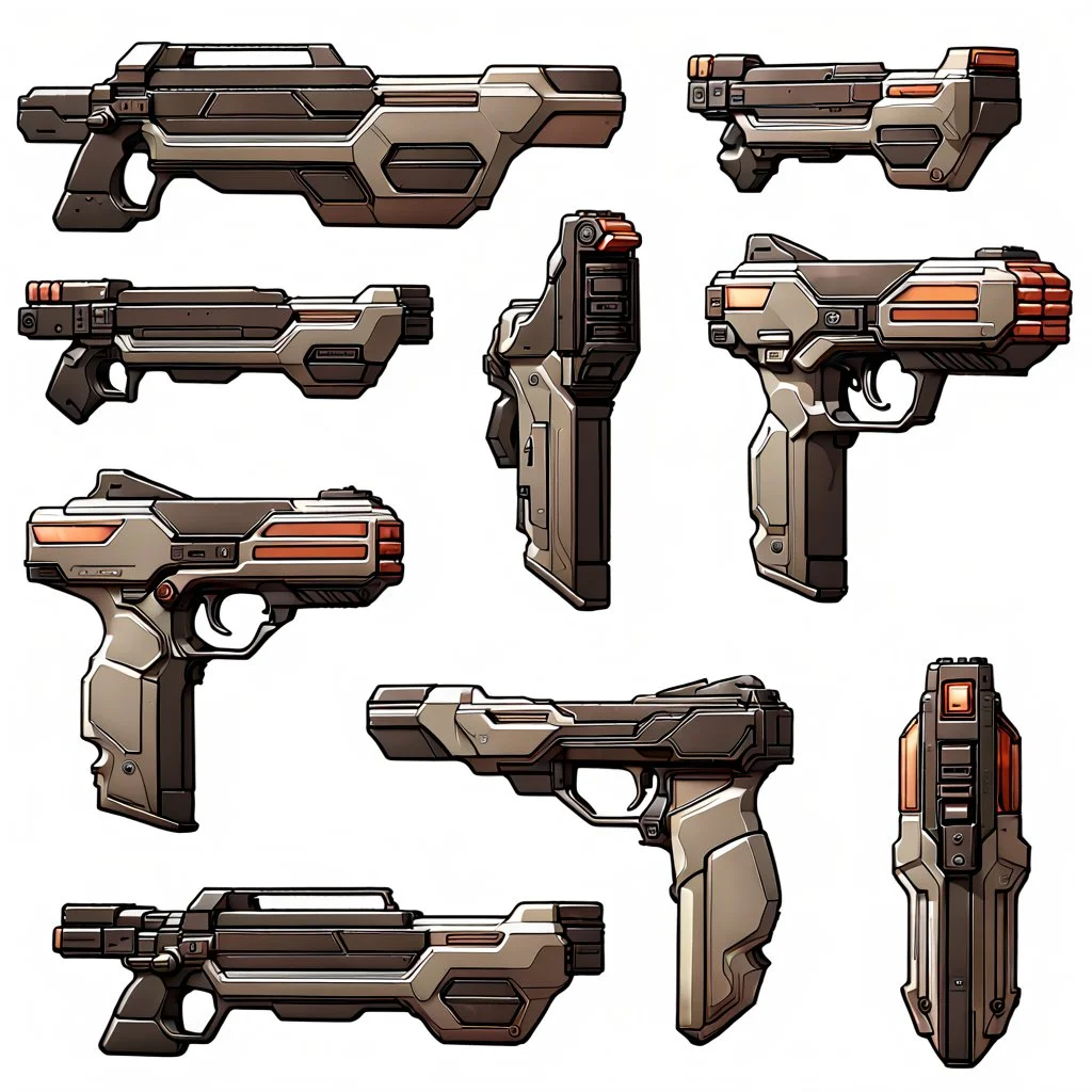 weapon for a videogame, sci-fi, ammo, futuristic, single, side-view, pistol