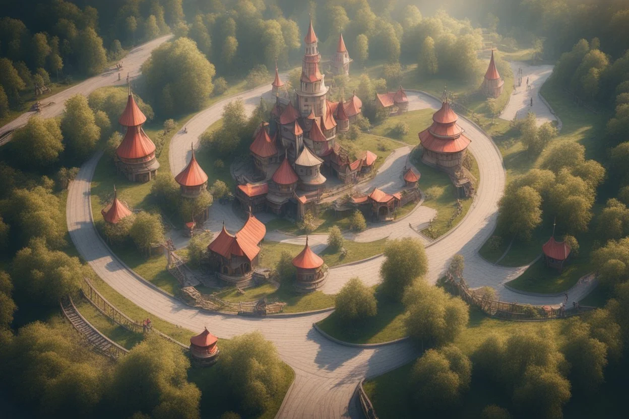 Theme park in the style of Slavic old fairy tales, roads, bird's-eye view