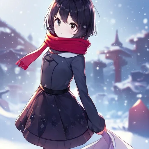 Clear focus, high resolution, Mihoyo Studio, Short crossed bangs, medium length back hair, snow in the background, small breast, black sparkling eyes, 1girl, wearing a medium length palleted skirt, scarf around neck, details on clothing design