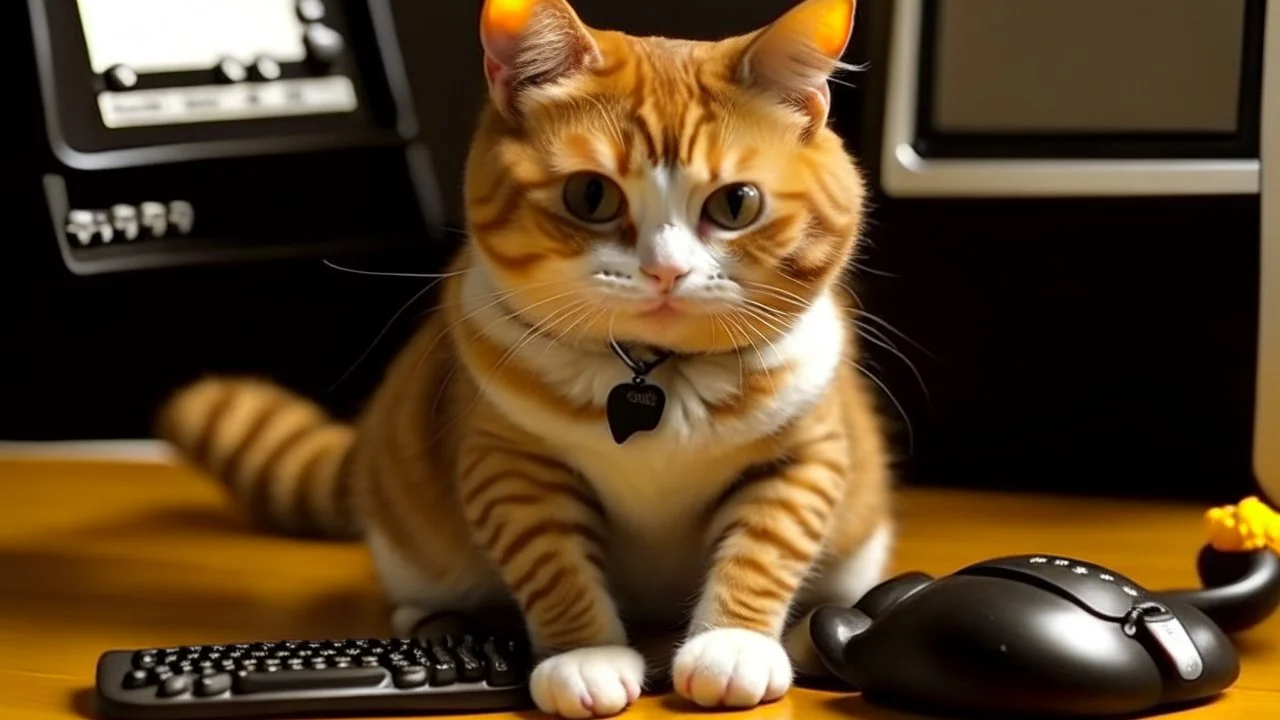 very clever cat with computer mouse. Make the cat smaller