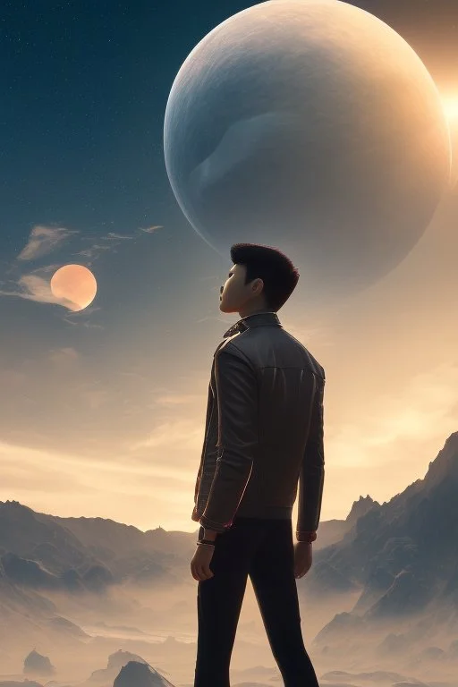 Clean cut asian man in a leather jacket on a strange planet looking at the sunset