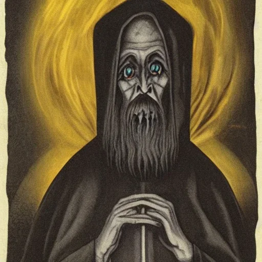 Nosferatu with four yellow eyes with tentacle beard grey skin and vampire fangs as a Russian Orthodox bishop