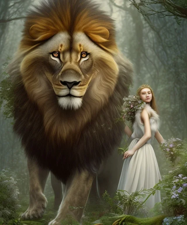 Young beautiful girl with floral crown standing next to a majestic, stunning lion on nature forest path, Chronicles of Narnia, 8k resolution, high-quality, fine-detail, iridescent, intricate, digital art, detailed matte, volumetric lighting, beautiful, illustration, 3D octane render, brian froud, howard lyon, selina french, anna dittmann, annie stokes, lisa parker, greg rutowski,