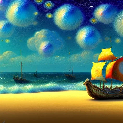 tortuga pintada con nubes de colores , conchas en la orilla de la playa, con nubes de colores, pájaros, barcas, con estilo de Van Gogh 4k