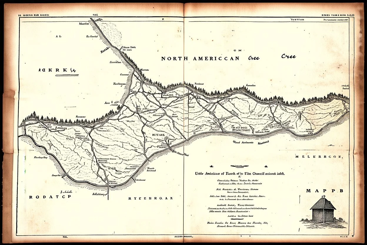a scan of an ancient North American Cree printed road map of a fictional place that was black and white but has since been stained and weathered