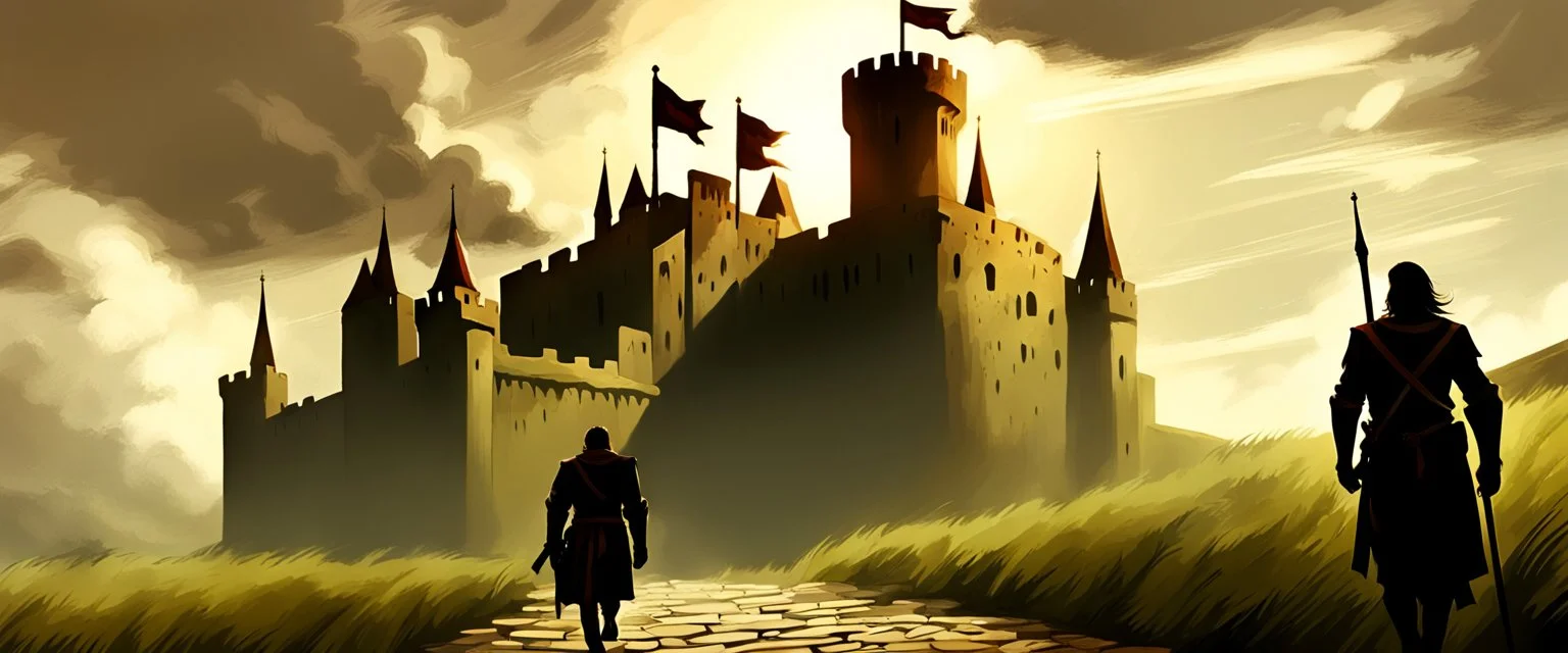 Peter walking toward the castle gates with loyal allies, Flagg’s influence fading, sunlight breaking through clouds — a sense of justice and peace.