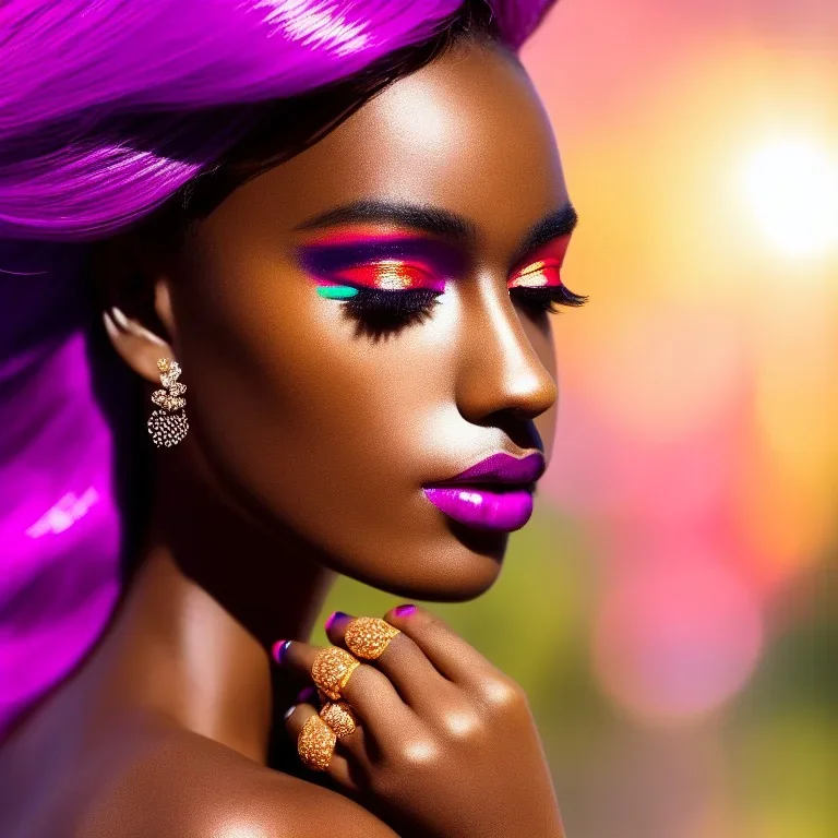 masterpiece, best quality, woman, dark skinned, sparkling eyes, fluorescent skin, colorful makeup, blond flutter hair, highly detailed body, sun light, 4K, RAW, depth of field, high contrast, realistic details, 24mm