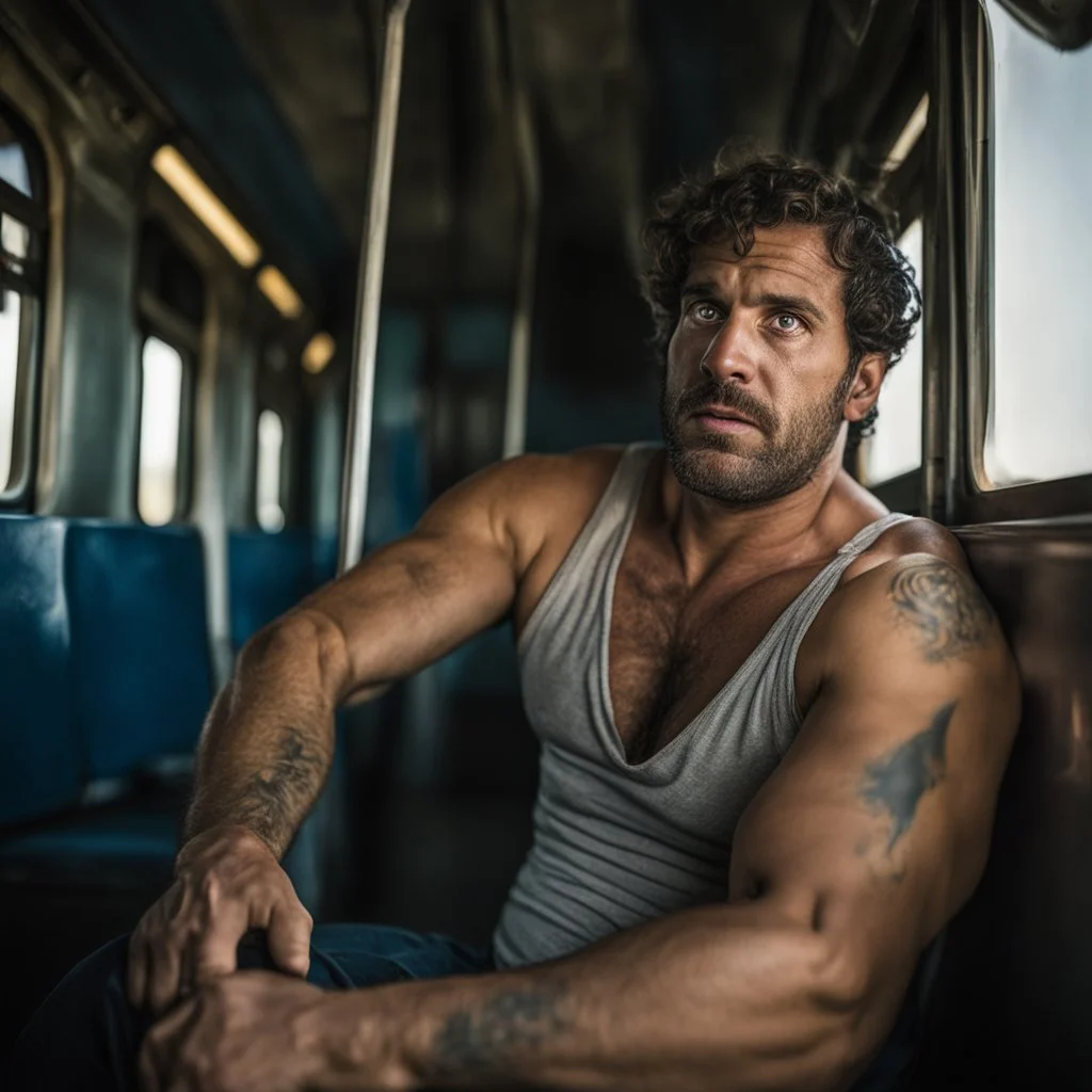 photography of a burly ugly beefy sicilian farmer 36 years old man sitting in the train, relaxing, shirtless, in boxer, bulge, tattoo, broken teeth, serious, short beard, curly hairs , view from below, photorealistic, side lights, Ground-Shot Angle