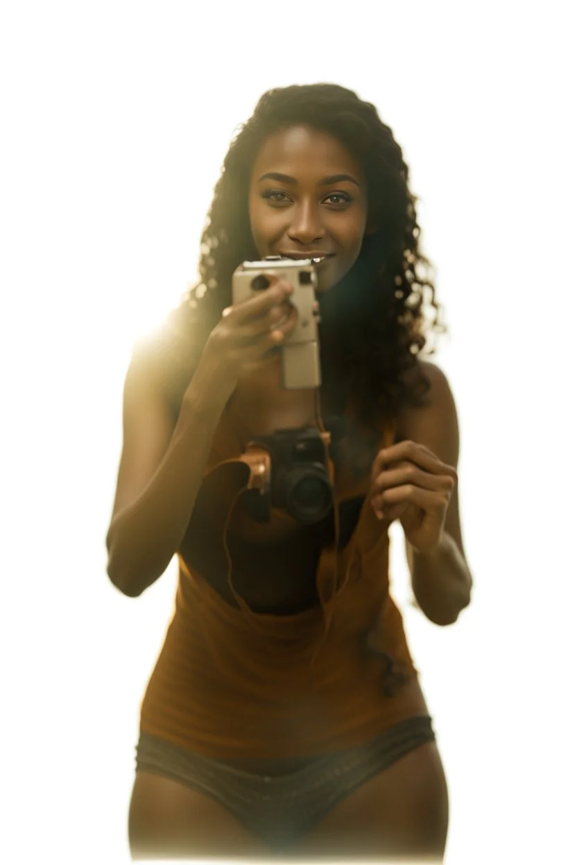 A realistic selfie-style self-portrait of a confident influencer aged 18-37 in an urban setting, dressed in trendy sportswear or beachwear to showcase her slender figure. Her creative curly black hair shines under softbox lighting accentuating her flawless skin. The vintage camera shot with a macro lens introduces a charming bokeh effect. Every detail, from her complexion to body contour, is outlined for a high-quality image –ar 4:5 –testp –upbeta –octane.