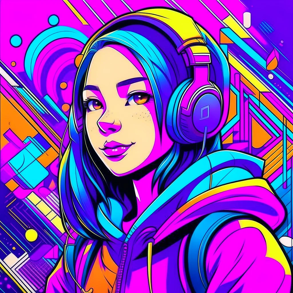 masterpiece, intricate details, a wide angle 2D anime bold line flat colour illustration of a cheerful girl in a high purple hoodie and headphone in hip hop style, dopamine style, overlaying mixed patterns of pop art text and emoji device installations, sharp focus, charming character illustration, beautiful vibrant kuler palette gradient