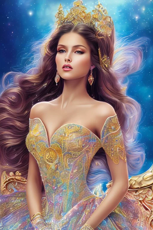 photo realistic painting ((full body)) ((stunningly attractive)) a woman sitting on a majestic chair , ((perfect feminine face)), (colorful wavy hair),, glitter, wearing a dress, intricate, 8k, highly detailed, volumetric lighting, digital painting, intense, sharp focus, sitting on a majestic luxury comfort