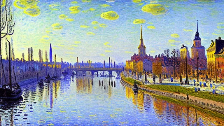 Sunny day, modern city near river, alfred sisley impressionism painting