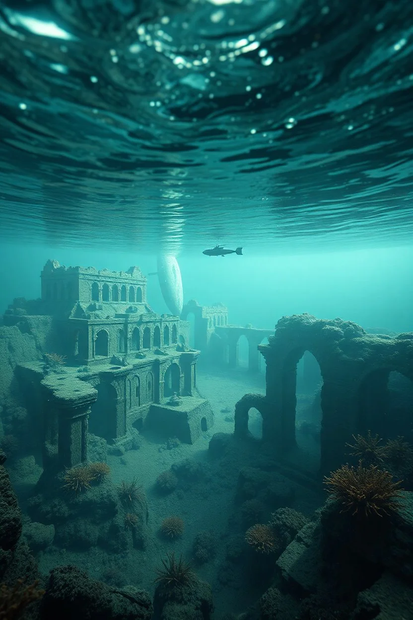 A view of the ruins of Atlantis city under the ocean water with marine plants and a submarine is sinking underwater and small divers are diving around , cinematic scenes , high quality picture with rough water