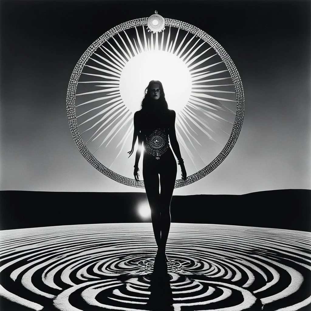 [Le Cabinet de Curiosités by helmut newton] The creature's cranium is massive, adorned with a huge crescent halo that emanates an otherworldly glow, reminiscent of burning crop circles etched with sacred geometric designs. In a scene that combines elements of gothic and emo aesthetics, the figure moves with an eerie grace, as if performing a cosmic dance.