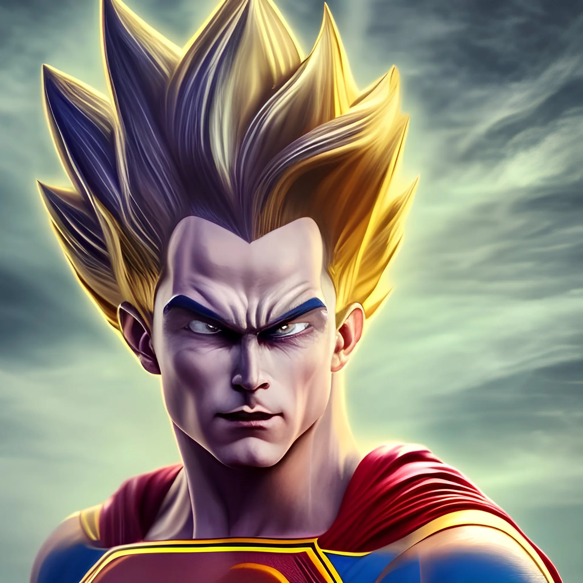 Ultra Ego Vegeta as Superman, Ambiance dramatic, hyperrealism, 8k, high quality, great details, within portrait, illustration