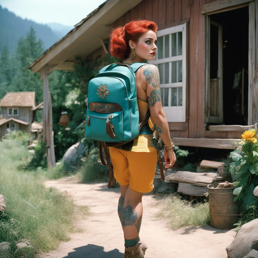 (high res photo by Russ Meyer) Clara, the tattooed free sprite, burdened with two backpacks, one on her back and one on her front. Is she moving from one house to another or embarking on a vacation to camp? Difficult to say. The constant pressure to keep those worlds coming. The weirder, the better. Mixing up the scenes. Too much coffee. The weight of the backpacks symbolizing the burdens she carries, both physically and metaphorically. Clara, a wandering nun of the gangs, seeking solace in the