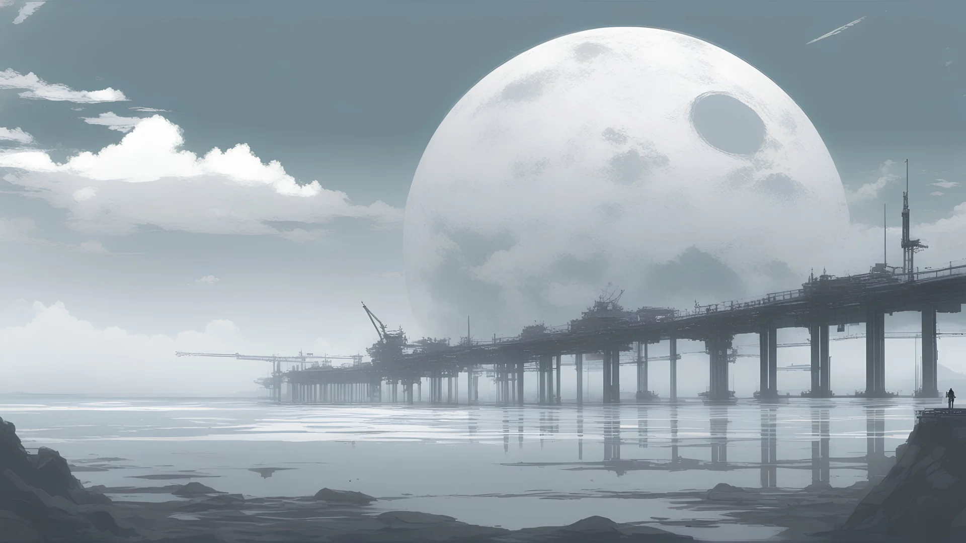 giant half transparent moon, glitchy, blurry, mechanical, sci-fi, maximum quality, centered on frame, far view, seasidel, white sky with cumulonimbus, anime, makoto shinkai style, japanese pier, rusty, decrepit, foggy, grayscale