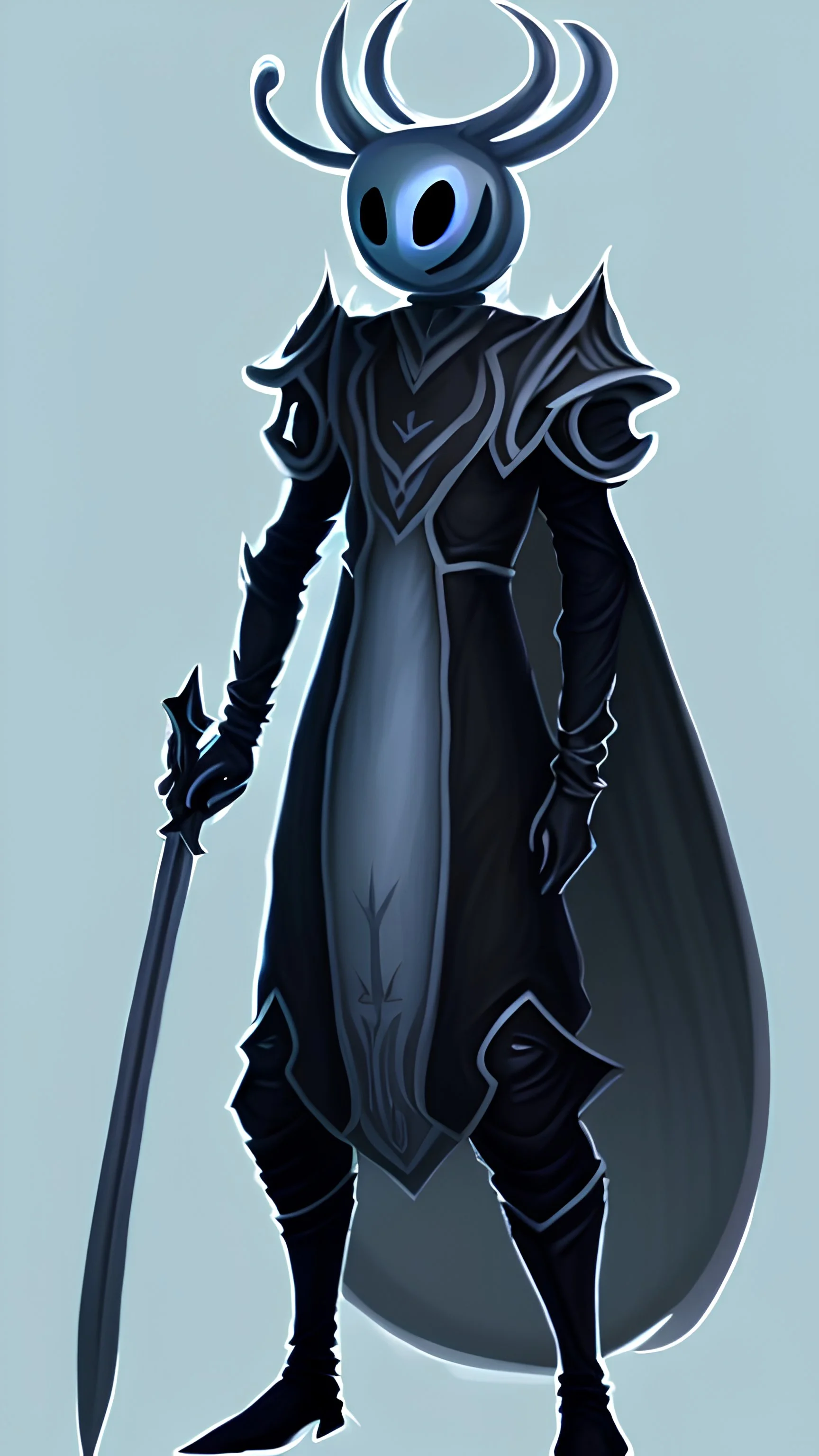 Make a Hollow Knight oc. He is EXTREMELY tall his build is slender. His clothing is a long cloak and he has a dagger as a weapon. His horns are long as all heck.