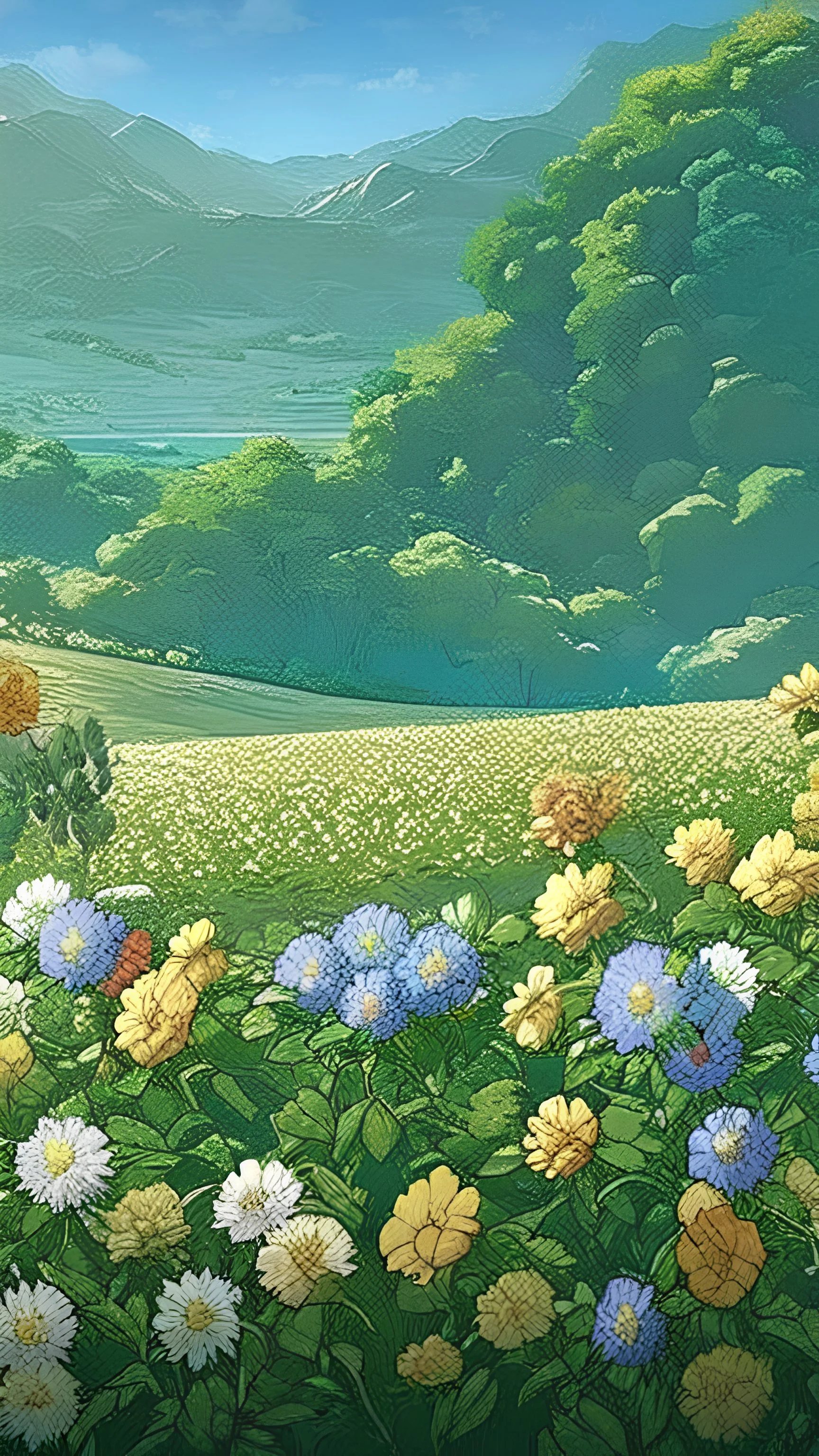 Attack on Titan screencap of a male with long, wavy dark hair bun behind his head and big greenish blue eyes. Beautiful background scenery of a flower field behind him. With studio art screencap