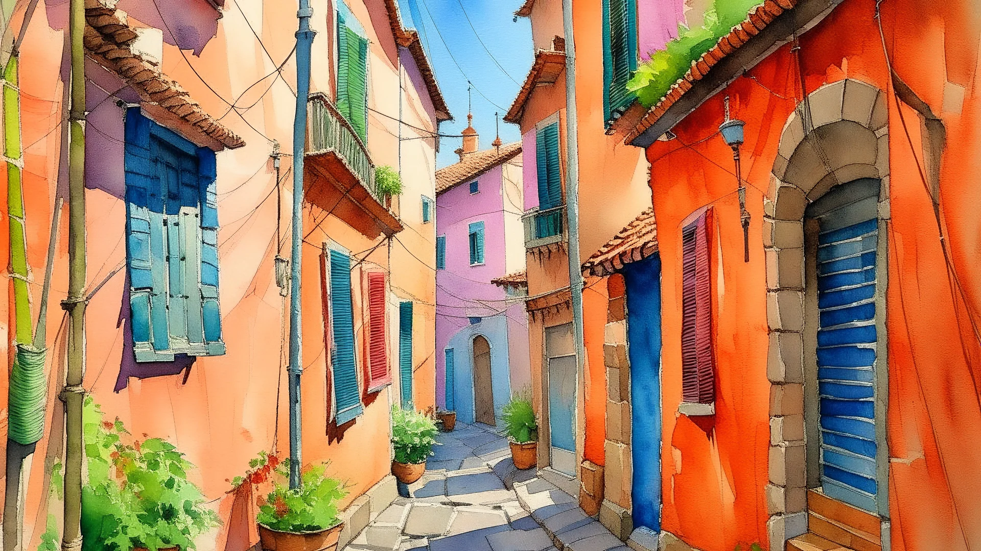 A watercolor painting depicts a narrow alleyway in a European village, possibly Italy, with brightly colored buildings lining both sides. Laundry hangs on a clothesline strung across the alley, adding a touch of domesticity to the scene. The buildings are painted in vibrant hues of pink, orange, blue, and green, with terracotta roofs. The cobblestone ground is rendered with loose brushstrokes, giving a sense of texture and depth. A small dog sleeps peacefully in the foreground, adding a charming
