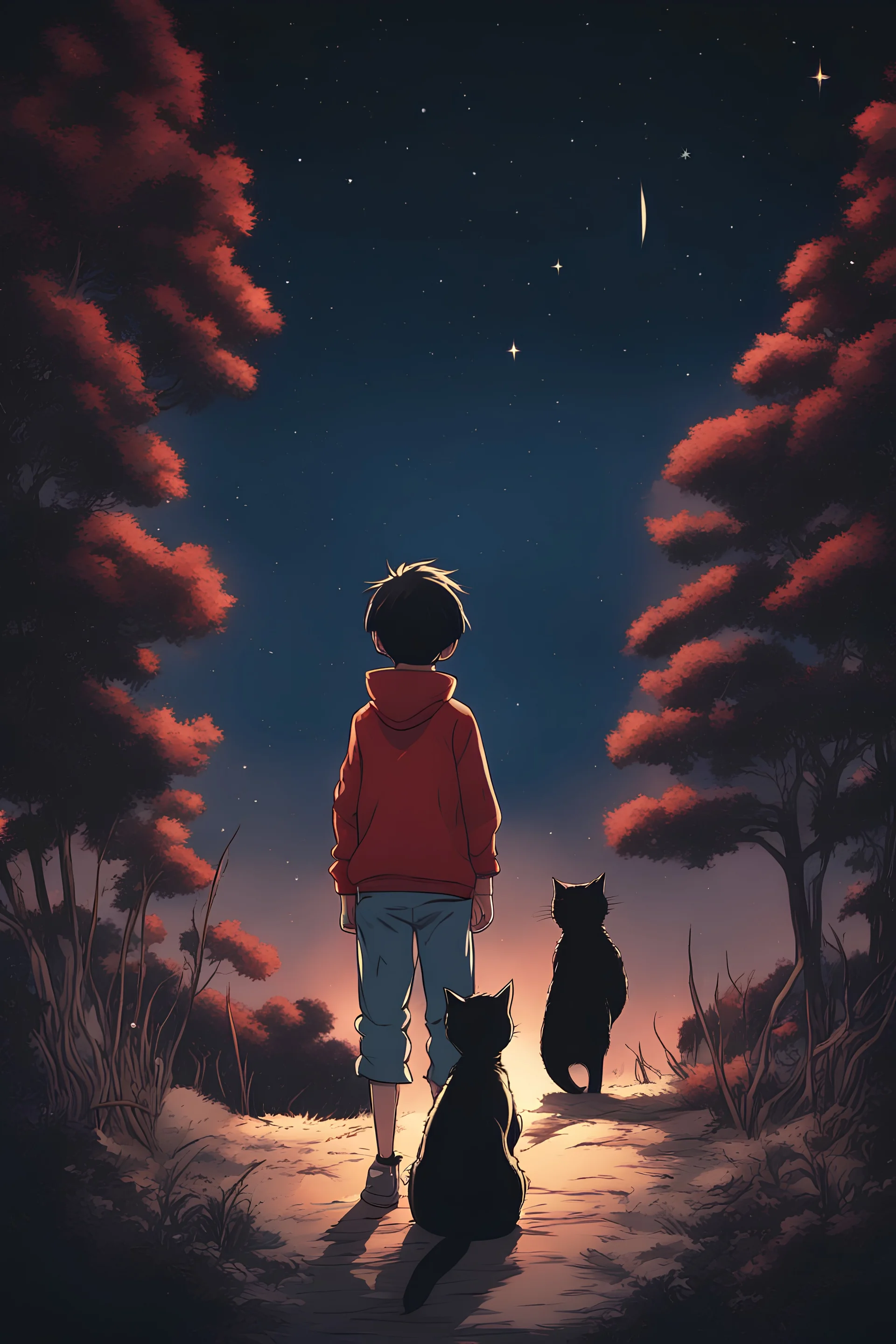 boy and his cat looking at the sky full of stars and comet, view from her back, in anime style, using only the colors, black, red, and blue, 4k adobe illustrator render, cartoon style