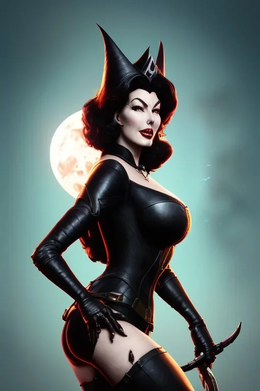 Ava Gardner as evil queen in black leather, busty, cleavage, curvy, angry, stern look. character design by cory loftis, fenghua zhong, ryohei hase, ismail inceoglu and ruan jia. unreal engine 5, artistic lighting, highly detailed, photorealistic, fantasy