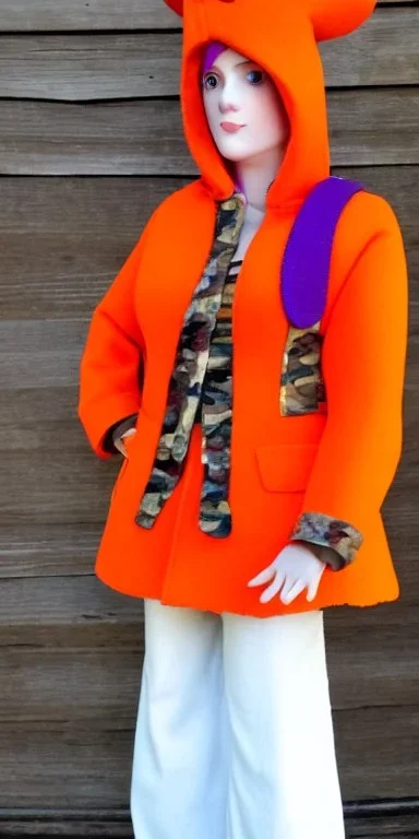 Bright-orange-haired woman.thick thighs,thick calves,flat belly,curvy fell. big head. Mantle is sewed of upcycled Denim and sewed together of camouflage pieces. Pieces' color are orange, cream and purple. It is with big bright purple felt tippet and cream-colored-hood. mantle is merged with satchel. . Big AKG-style headphones (gold rings!) is merged with small felt cap with small visor. Style: Haute Couture in 1920's, N.Y.C fashion in 1996, inspired by street art. Cream latex gaiter.