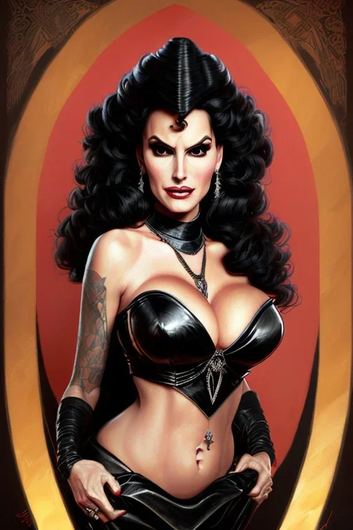 painting of lisa ann as evil queen in black leather gown, feminie, angry, stern look on her face, volouptous, busty, cleavage, emperious, mature, highly detailed, digital painting, artstation, concept art, smooth, sharp focus, illustration, art by gaston bussiere and alphonse mucha