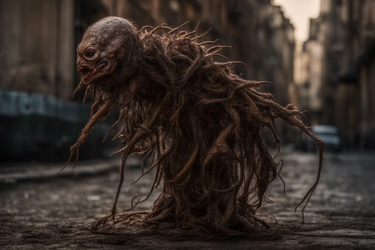 Extreme grandiose and cinematic photo in realistic colors (sparks around) ((Rare parasite creature Holding a membranous cocoon)) dirty realistic metal ragged clothes, dynamic pose and expression, in the city ally of ancient tales, high lighting, intricate, 8k, macro photography,