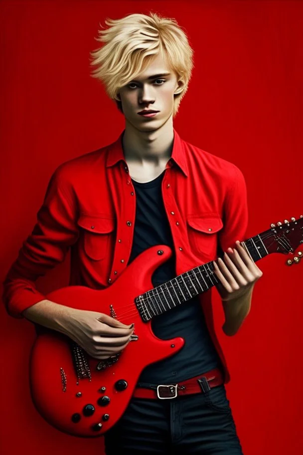 A young man with blonde hair, red shirt, red trousers and holding a black guitar