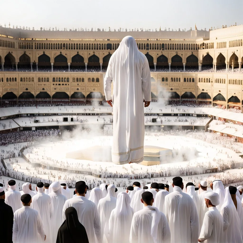 The scene in Mecca: People wearing white Ihram clothes, men without head coverings, women with veils, circumambulating around the Kaaba, and above them are transparent white spirits of children, men, and women with wings revolving around the Kaaba.