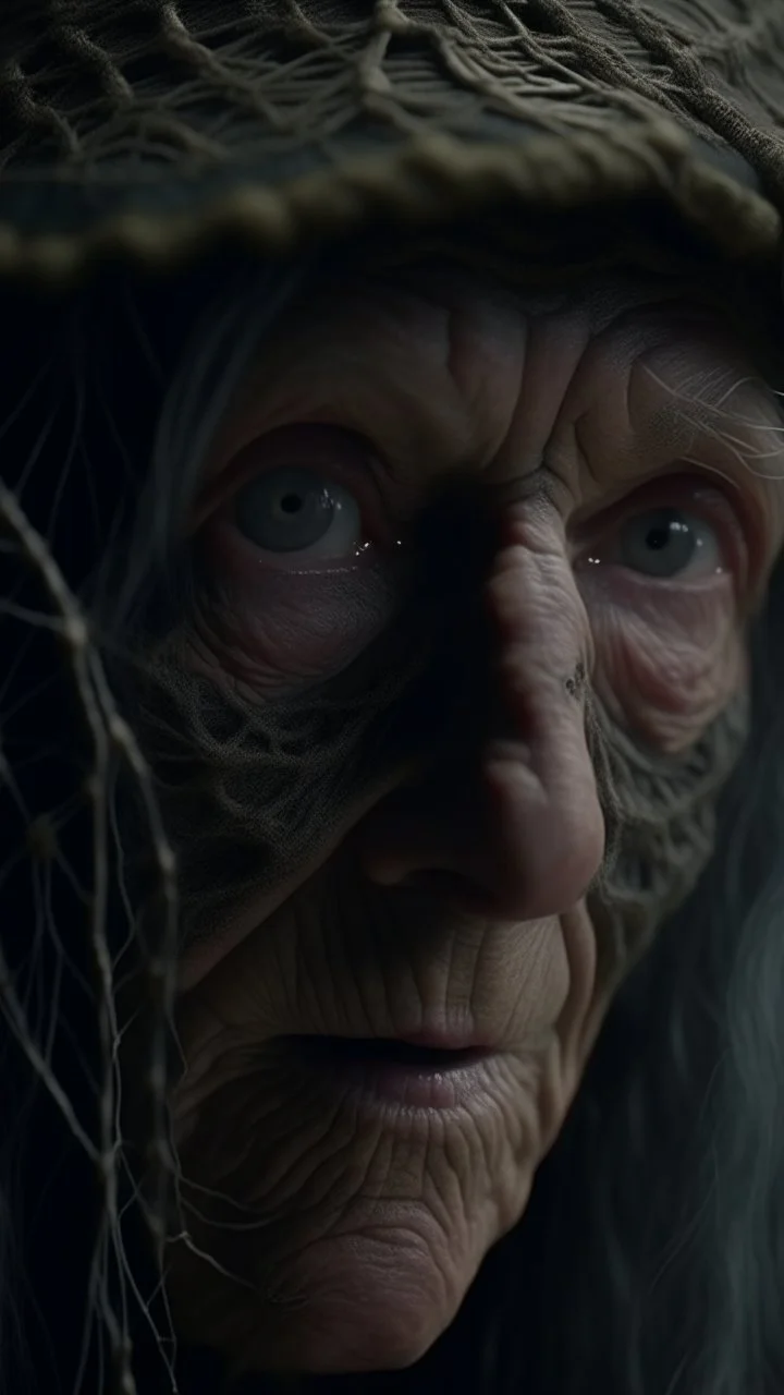 A hyperrealistic shot of an old witch head out of a spider web, intricate details, soft natural light, screen captured from 4K Blu-ray