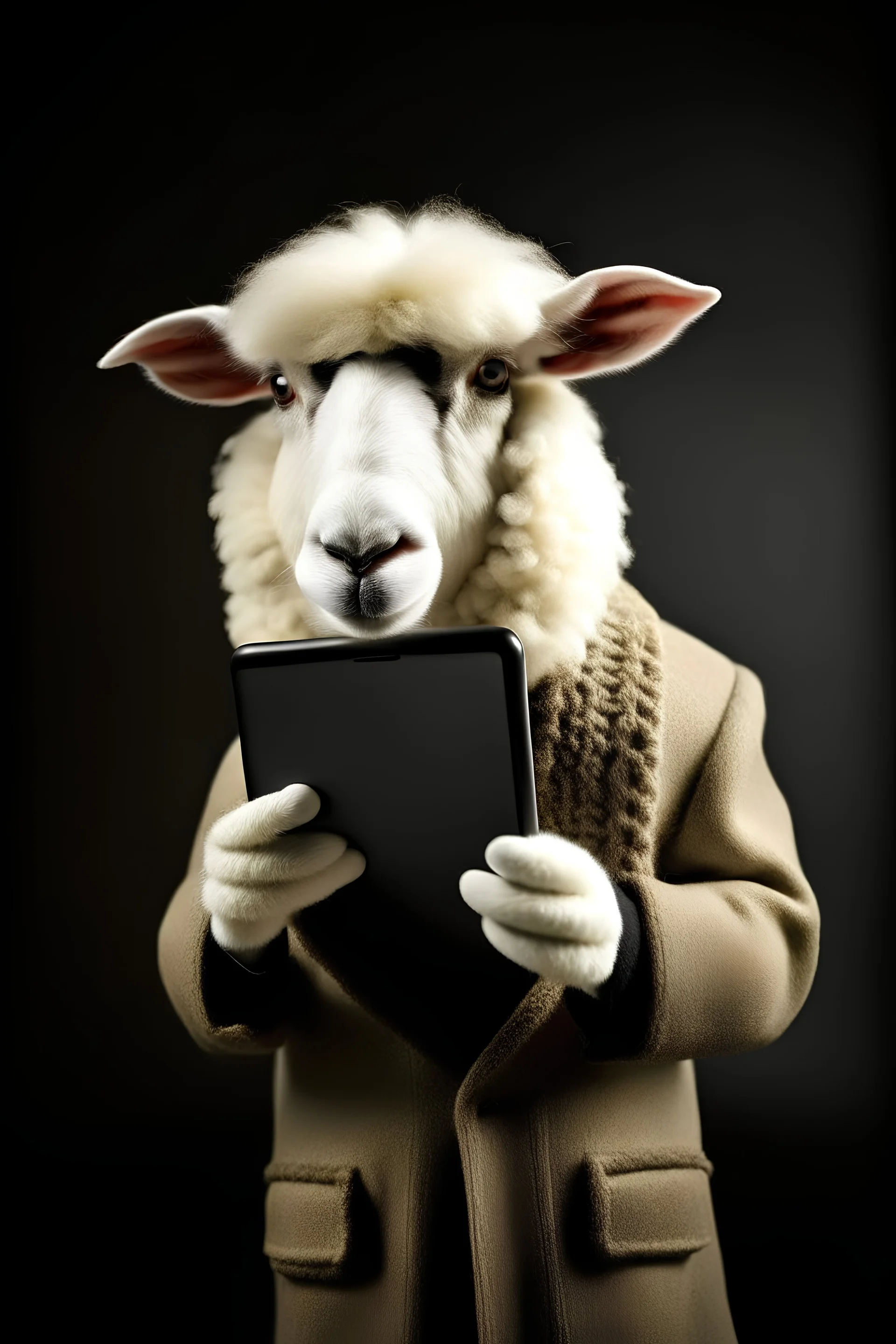 sheep dressed as lawyer and scrolling smartphone